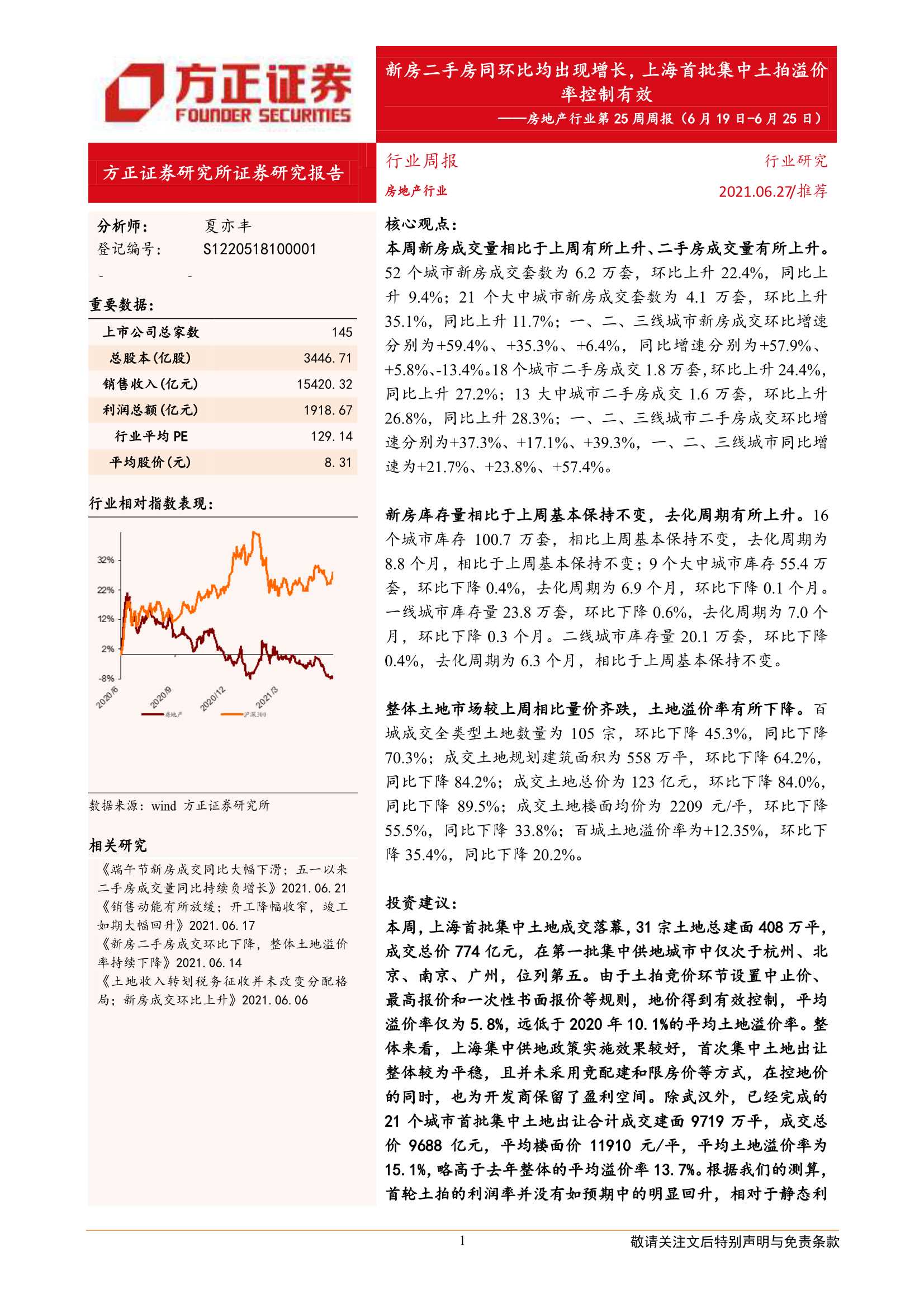 方正证券-房地产行业第25周周报：新房二手房同环比均出现增长，上海首批集中土拍溢价率控制有效-20210627-23页