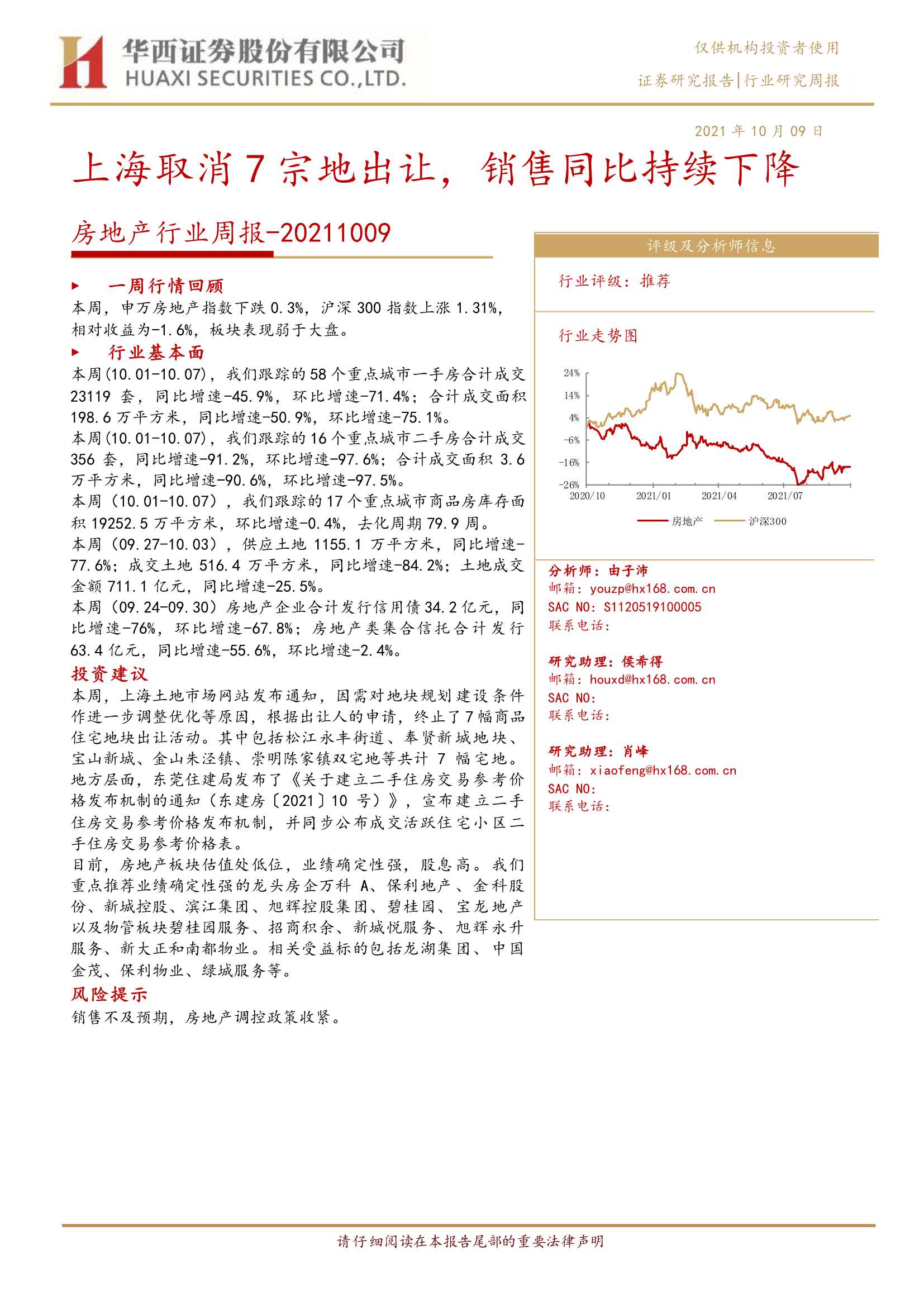 华西证券-房地产行业周报：上海取消7宗地出让，销售同比持续下降-20211009-28页
