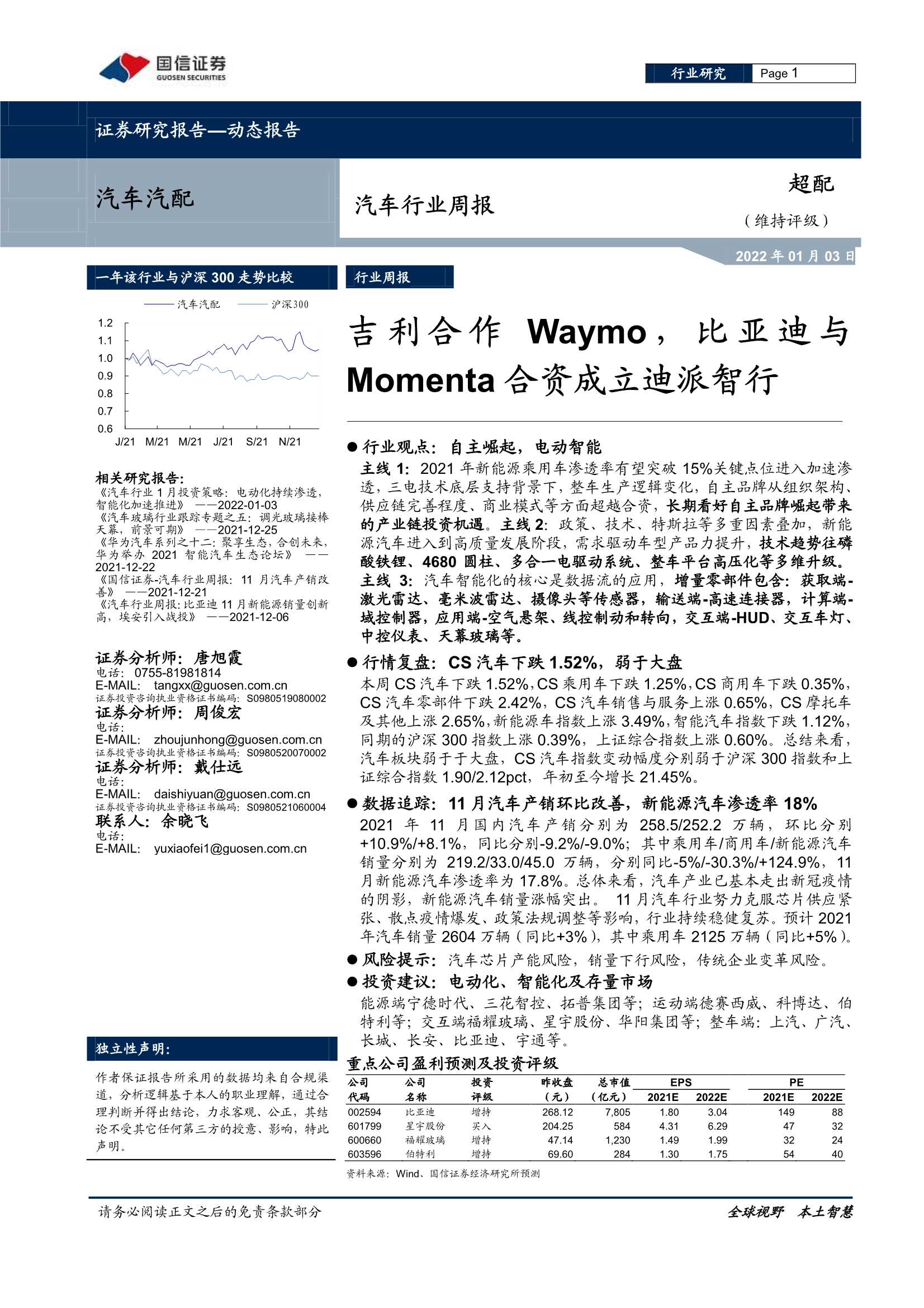 国信证券-汽车行业周报：吉利合作Waymo，比亚迪与Momenta合资成立迪派智行-20220103-21页