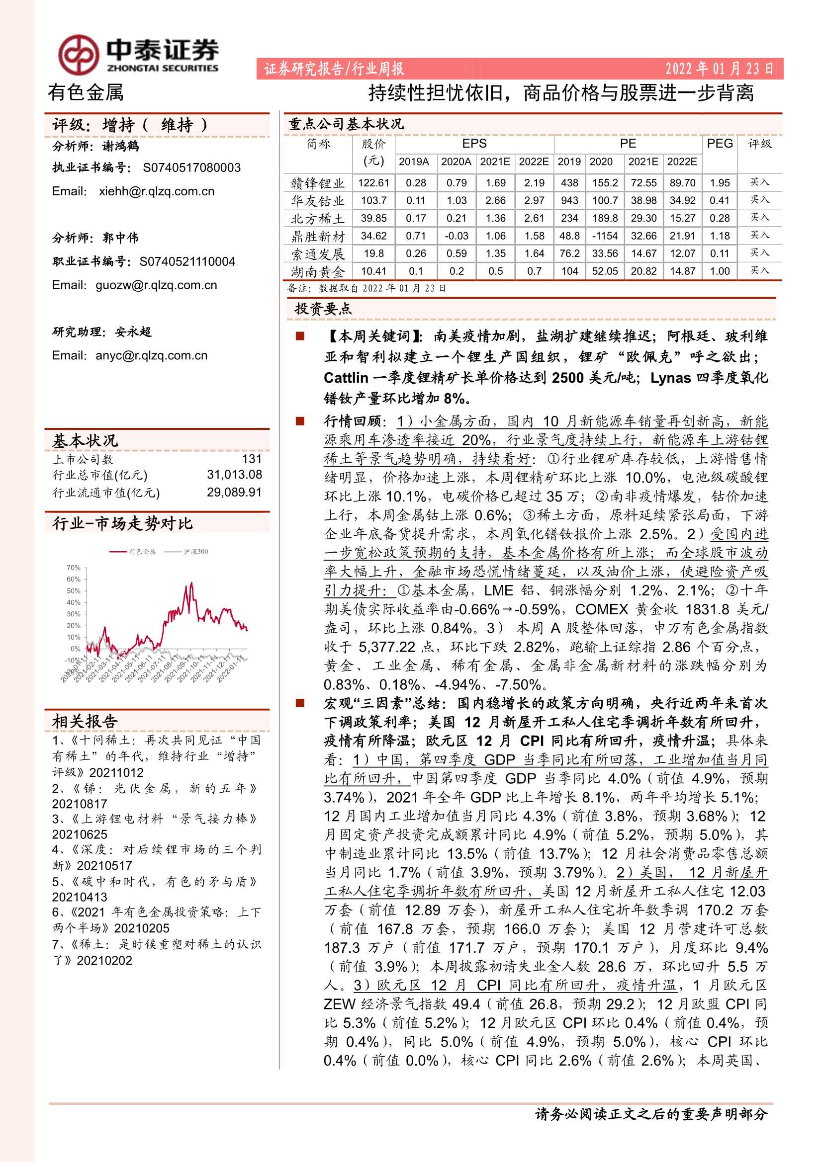 中泰证券-有色金属行业周报：持续性担忧依旧，商品价格与股票进一步背离-20220123-62页